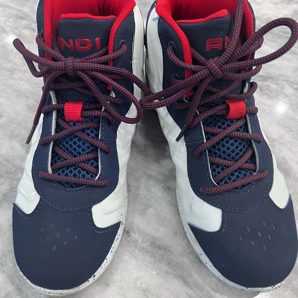 AND1 Boys Tennis shoes big boys 4, red, blue and white